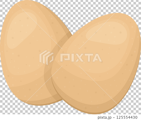 Two beige oval shaped chicken eggs on a plain background. 125554430