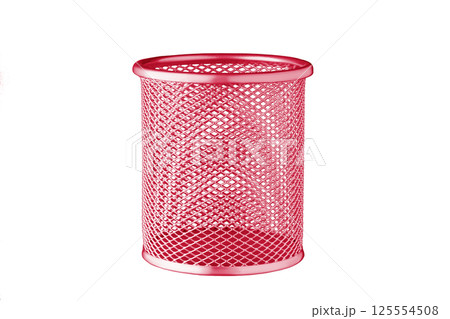 metallic Glass of red color for stationery, pencils, pens, scissors, ruler, on an isolated white background metallic Glass of red color for stationery, pencils, pens, scissors, ruler, on an isolated white background 125554508