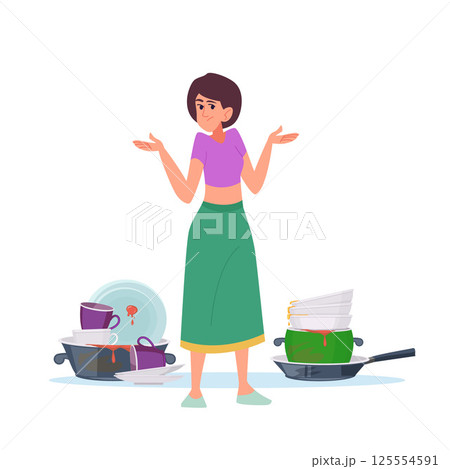 Dirty dishes. housewife standing with dirty dishes 125554591