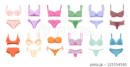 Woman lingerie. Fashioned panties set bikini and swimsuit clothes recent vector beautiful lingerie illustrations in flat style Woman lingerie. Fashioned panties set bikini and swimsuit clothes recent vector beautiful lingerie illustrations in flat style 125554593