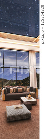 Luxury living room with starry night skylight view 125554829