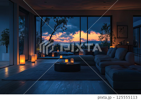 living room without electric light. Inside a modern house during a blackout at night, illuminated only by candles and a few flashlights 125555113