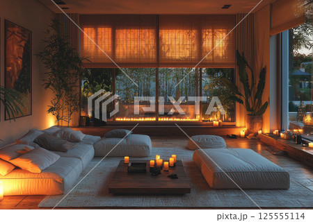 living room without electric light. Inside a modern house during a blackout at night, illuminated only by candles and a few flashlights 125555114