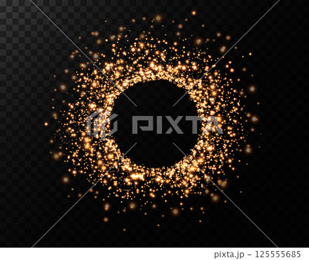 A Beautiful Glittering Gold Sparkle Circle Set on a Striking Black Background for Captivating Visual Effects 125555685
