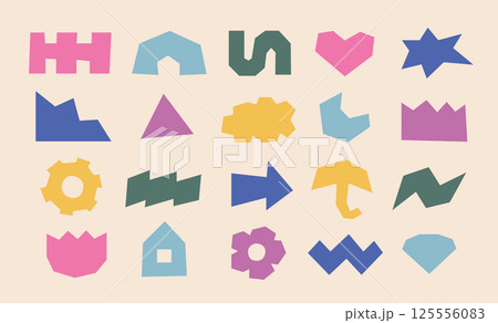 Various colorful abstract flat y2k geometric figures, shapes. Groovy funky angular retro 90s style vector elements set. 125556083