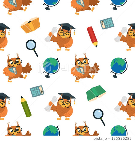 Smart cartoon owls seamless pattern. School owl character, wild birds teachers and students. Funny print for fabric, wallpaper, classy vector background 125556283