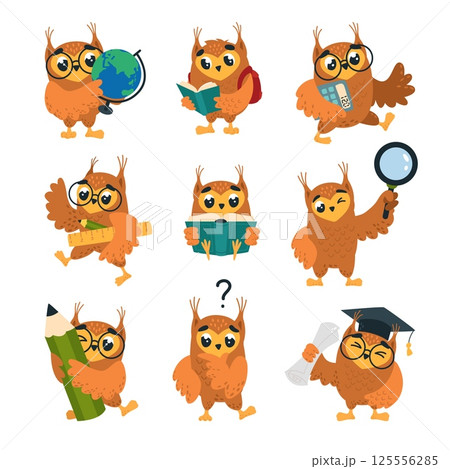 School owls. Owl teacher and students reading book, thinking, looking on globe. Smart wild birds in glasses, with pencil and magnifying glass, classy vector characters School owls. Owl teacher and students reading book, thinking, looking on globe. Smart wild birds in glasses, with pencil and magnifying glass, classy vector characters 125556285