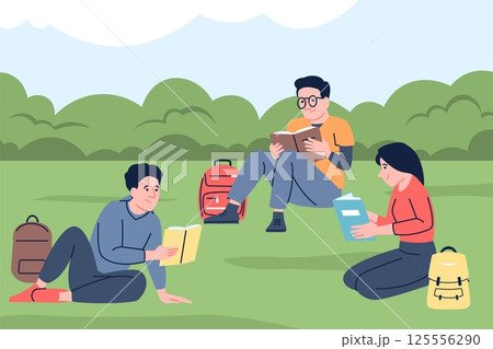 Studying in the park. Students group learning outdoor, reading books and exam prepare. Pupils doing homework together on nature, recent vector concept 125556290