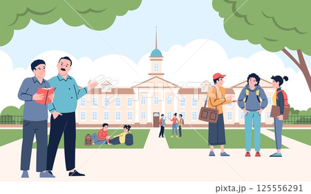 University park scene. Freshmen with parents, students studying outdoor. Back to college or school, new study year. Education recent vector concept 125556291