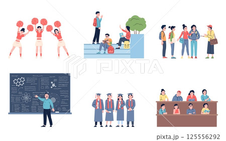 Student life. University characters activities, cheerleaders, friends communication, study. Young people studying outdoor and in lecture room, recent vector set Student life. University characters activities, cheerleaders, friends communication, study. Young people studying outdoor and in lecture room, recent vector set 125556292