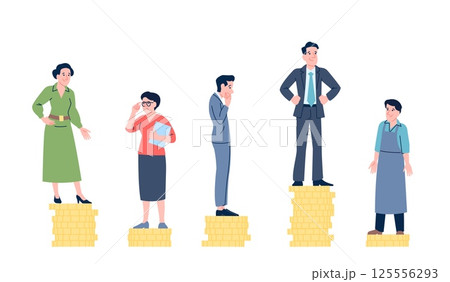 Salary gap. Different professionals wages inequality. Sociology poster, incomes people comparison. Capitalism concept, money levels recent vector scene 125556293