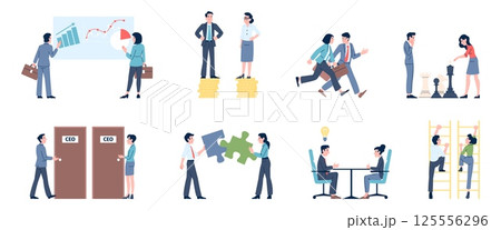 Gender business equality. Equal right male and female at work and in career opportunities. Men women managers working, financial equality recent vector scenes 125556296