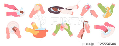 Hands washing dishes. Clean glasses and cup, plates and pan. Human hand in rubber gloves hold sponges brush, wash crockery after cooking, racy vector set 125556300