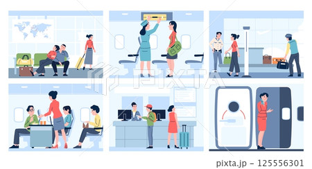 People in airport. Passengers with luggage on check in, sitting in waiting room, on security check. Boarding time, travellers in plane, recent vector scenes 125556301