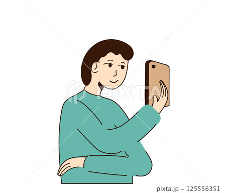 Young man holding the phone in his hand in front of his face and looking at smartphone. Boy looks at his phone screen. Men stands and talks on video call. Takes pictures. Vector illustration. 125556351