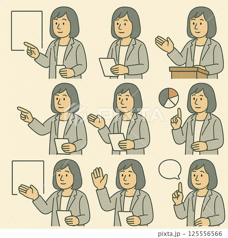 説明しているスーツ姿の女性の上半身セット 125556566