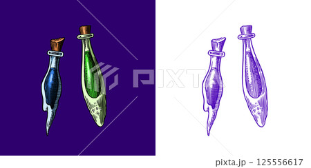 Set of potions in bottles or poisons for prediction or magic rituals. Halloween witchcraft and 125556617