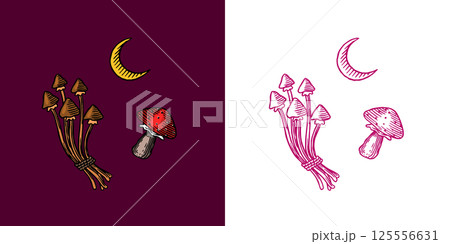 Collection of wizardry elements for magic rituals Mushrooms and half moon. Halloween witchcraft and Collection of wizardry elements for magic rituals Mushrooms and half moon. Halloween witchcraft and 125556631