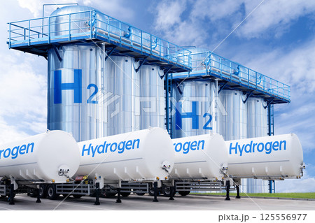 Hydrogen tank trailers with hydrogen storage in the background 125556977