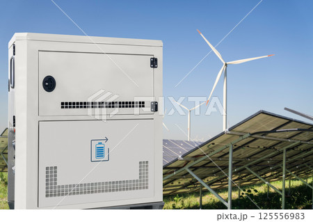 Solar panel and wind turbines with energy storage 125556983