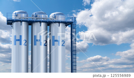 Green hydrogen storage on a background of blue sky. Green hydrogen storage on a background of blue sky. 125556989