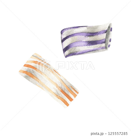 Halloween striped sweet candy in orange and purple colors watercolor illustration. Festive fall season sweet food clipart, lollipop painting for product packing, poster, invitation design 125557285