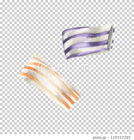 Halloween striped sweet candy in orange and purple colors watercolor illustration. Festive fall season sweet food clipart, lollipop painting for product packing, poster, invitation design 125557285