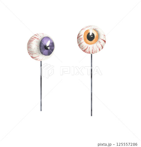 Halloween eye ball ,orange and purple iris, autumn festive scary watercolor illustration. Hand drawn creepy lollipop clipart,trick or treat elements painting for card,party invitation design 125557286