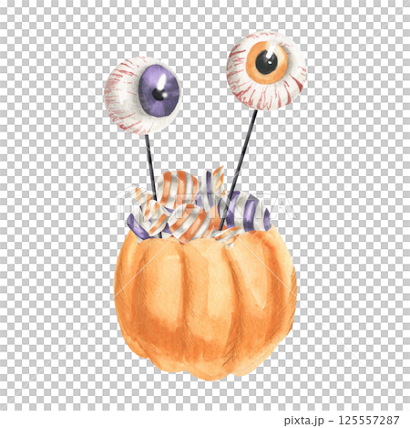 Pumpkin orange basket with Halloween striped orange and purple sweets and sweet eyes on stick watercolor illustration. Hand drawn festive autumn clipart for kid's party card,invitation design Pumpkin orange basket with Halloween striped orange and purple sweets and sweet eyes on stick watercolor illustration. Hand drawn festive autumn clipart for kid's party card,invitation design 125557287