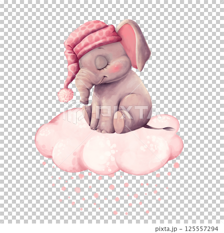 Illustration of a baby elephant asleep on a fluffy cloud, wearing a pink nightcap. 125557294