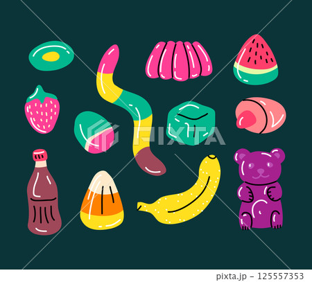 Cartoon Color Different Types Gummy Jelly Candy Icon Set Flat Design Style Concept. Vector illustration of Gum Dessert 125557353