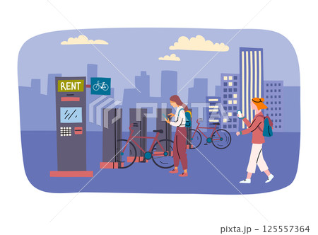 Cartoon Color Characters People and Bicycles for Rent Concept Flat Design Style. Vector illustration of Automated Bike Rental System 125557364