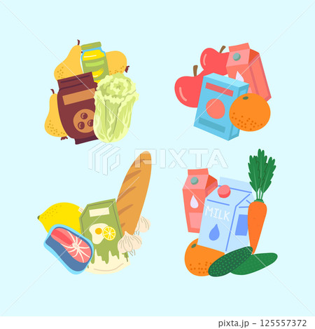 Cartoon Color Different Types Cooking Ingredients with Foodstuff Set Grocery Concept Flat Design Style Include of Drink, Fruit and Vegetables. Vector illustration 125557372