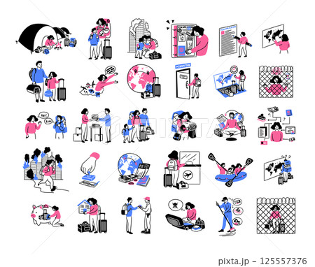 Cartoon Color Migration Concept Different Scenes Set Flat Design Style. Vector illustration of Choosing Country for Moving 125557376