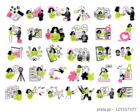 Cartoon Color Social Media Marketing Concept Different Scenes Set Concept Set Flat Design Style. Vector illustration 125557377