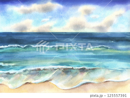 Sunlit ocean waves under a bright blue sky, painted in delicate watercolor. Great for book covers, wall decor, websites, and summer-themed projects. Fresh, airy, and inviting. 125557391