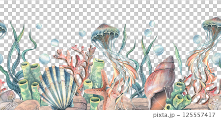 Jellyfish, seashells, seaweed, starfish, corals, sea sponges and pebbles, bubbles. Marine, nautical watercolor illustration of the underwater world hand drawn. Seamless pattern horizontal border 125557417