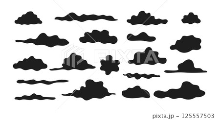 Set of Black Silhouette Cloud Shapes Isolated on White Background. Concept of Weather Icons, Abstract Sky Elements, Minimalist Design, Atmospheric Art, Graphic Illustration Collection. ClipArt. 125557503