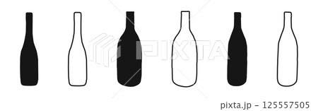 Set of Black outlines and silhouettes of glass Wine Bottles Isolated on White Background. Concept of Alcohol Beverage Icon, Beer Bottles, Minimalist Design, Elegant Drink, Graphic Element for Print. 125557505