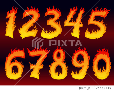 Cartoon fire numbers. Burning number flame sticker, numeral flaming font hot sale discount start rocket speed race logo hell six 1 2 3 4 5 6 7 8 9 0 set tidy vector illustration 125557545