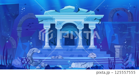 Underwater temple. Sunken ancient palace on ocean bottom, lost atlantis city under sea water deep world cartoon game ui background marine ruin landscape, swanky vector illustration 125557555