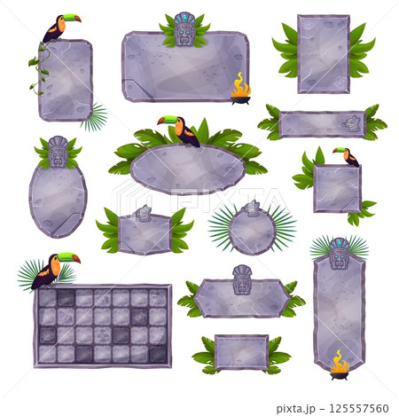 Maya game interface. Stone walls with maya aztec totems signs, gaming ui rock tablet square block jungle temple board ancient ruins background, cartoon swanky vector illustration 125557560