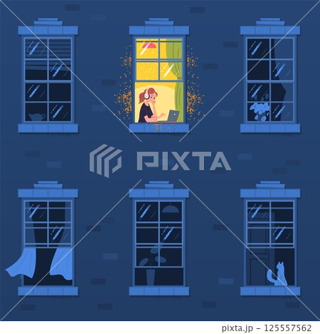 Night work in window. Tired woman at computer laptop on desk home office room inside building apartment, overworked designer workaholic overnight time, classy vector illustration 125557562