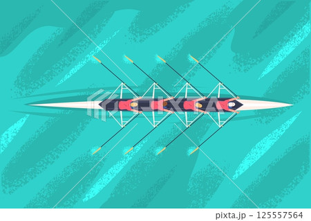 Rowing team top view. Rowers teamwork olympic sport competition, kayak canoe boat above water surface river lake race athletes crew row paddles together, classy vector illustration 125557564