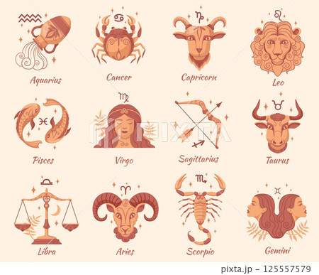 Cartoon zodiac signs. Horoscope astrology constellation symbols, aries taurus leo gemini virgo scorpio libra aquarius sagittarius pisces capricorn cancer, neat vector illustration Cartoon zodiac signs. Horoscope astrology constellation symbols, aries taurus leo gemini virgo scorpio libra aquarius sagittarius pisces capricorn cancer, neat vector illustration 125557579
