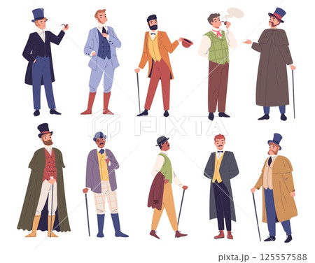 Victorian gentlemen. English aristocrat fashion gentleman characters, 19th century british man in hat cane and vintage costume 1900 old outfit dandy set, classy vector illustration Victorian gentlemen. English aristocrat fashion gentleman characters, 19th century british man in hat cane and vintage costume 1900 old outfit dandy set, classy vector illustration 125557588