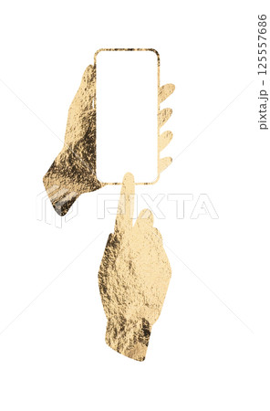 Gold smartphone held in hand, finger tapping on screen. Luxurious, textured phone with surreal, Gold smartphone held in hand, finger tapping on screen. Luxurious, textured phone with surreal, 125557686