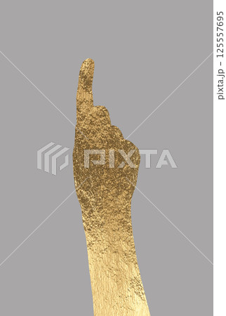 Index finger pointing up, hand raised in gold foil texture. Luxury gesture showing "one" tap, swipe, Index finger pointing up, hand raised in gold foil texture. Luxury gesture showing "one" tap, swipe, 125557695