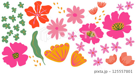 カラフルな花と葉のベクターイラストセット　ビビットカラー 125557801