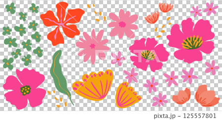 カラフルな花と葉のベクターイラストセット　ビビットカラー 125557801